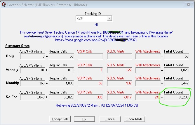 IMEITracker+ Desktop Interface Screen